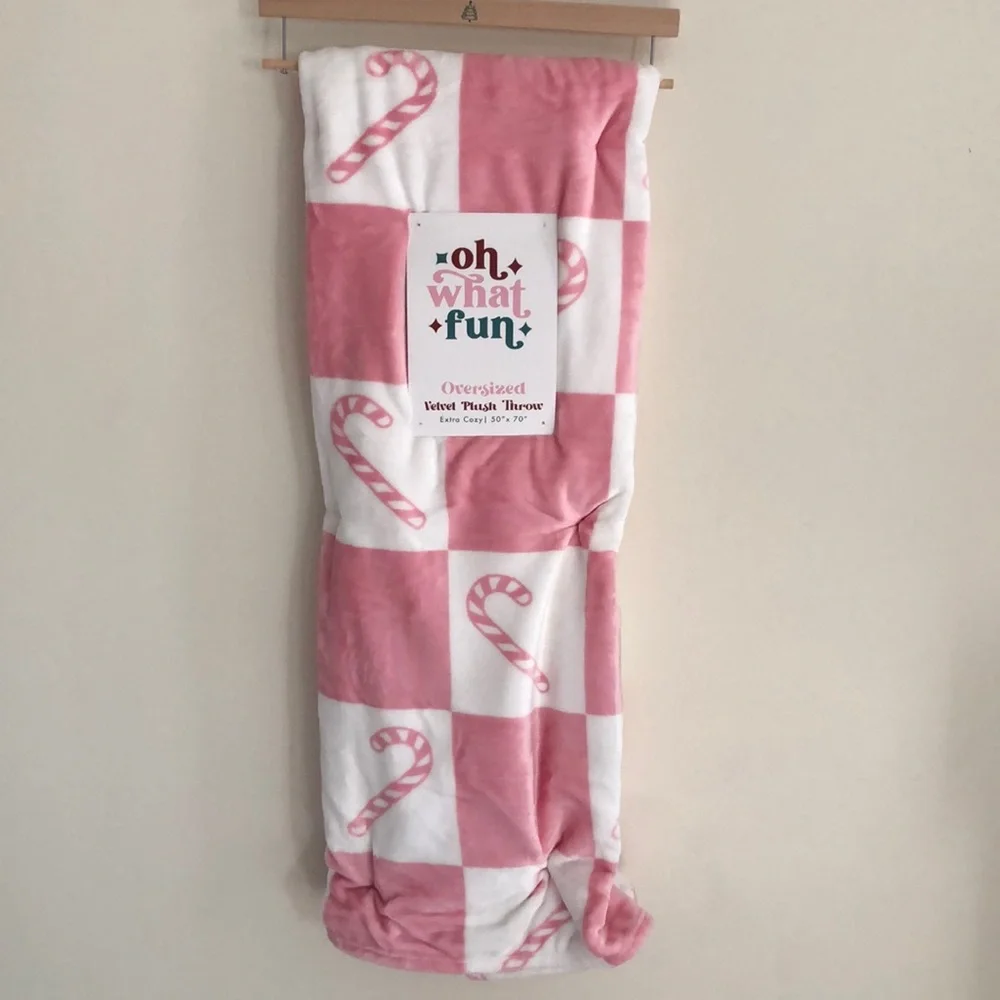 OH WHAT FUN!! Pink Candy Cane Plush Throw Blanket